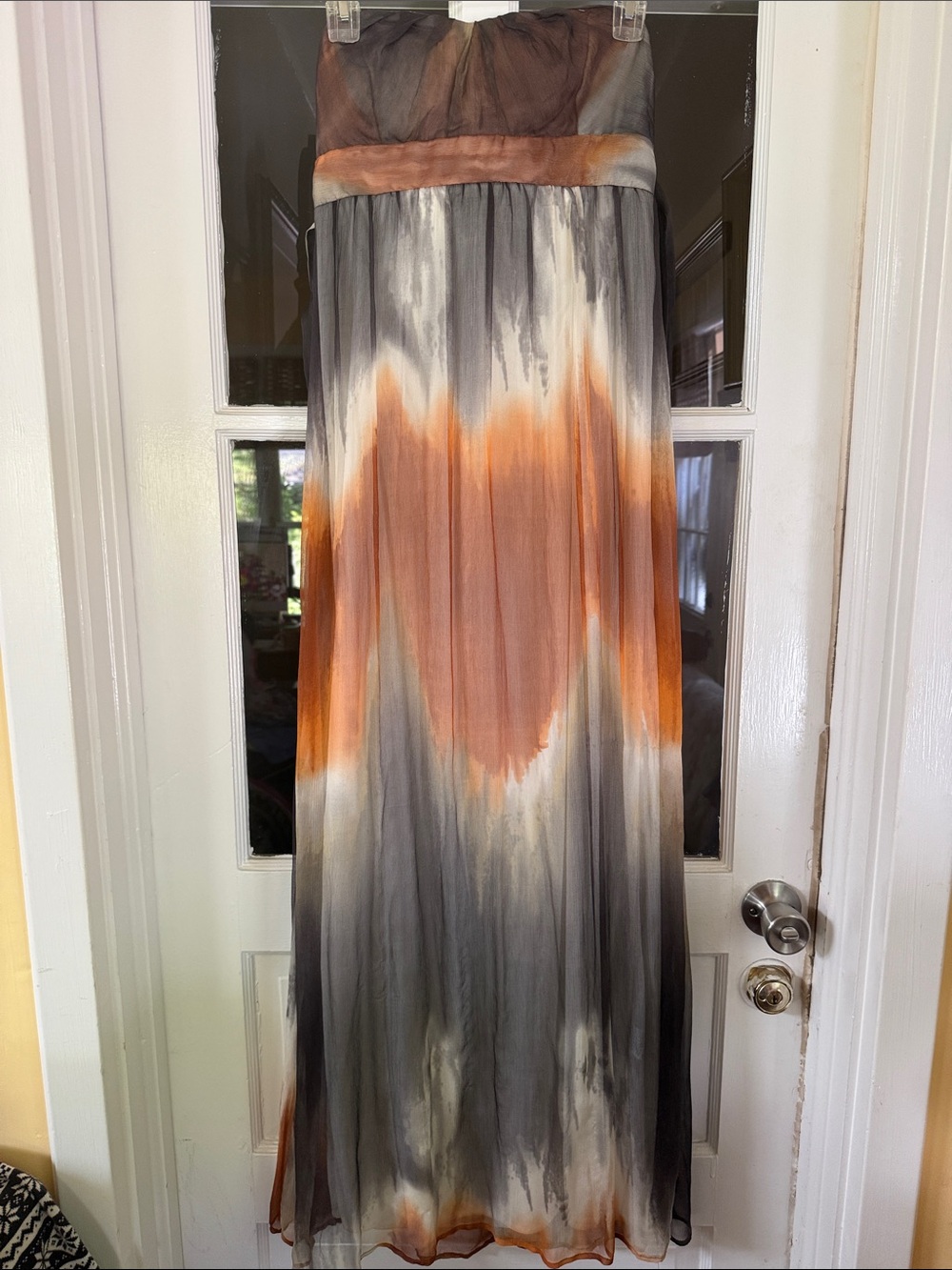 Tie-Dye Strapless Maxi Dress in Orange, Gray & White